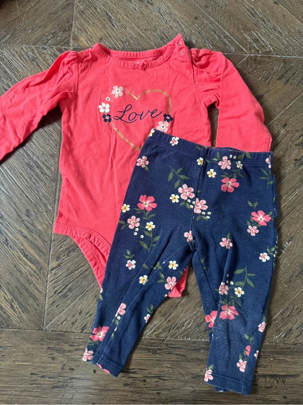 Carter's Coral 'Love' Heart Bodysuit with Navy Floral Accent